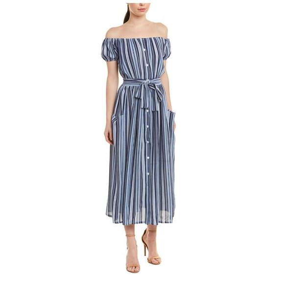 Nisha Outi NWT $168 Midi Dress in Blue Stripe Off-the-Shoulder Women's Sz M/6 - Picture 9 of 9